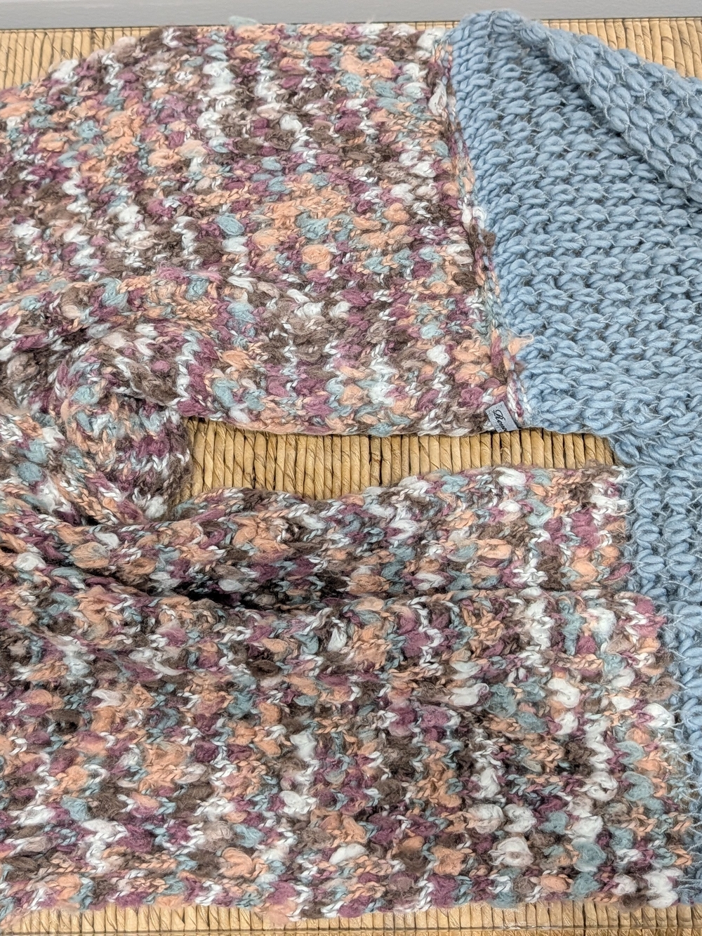 Chunky Multicolor Knit Infinity Scarf with Pale Blue Accent